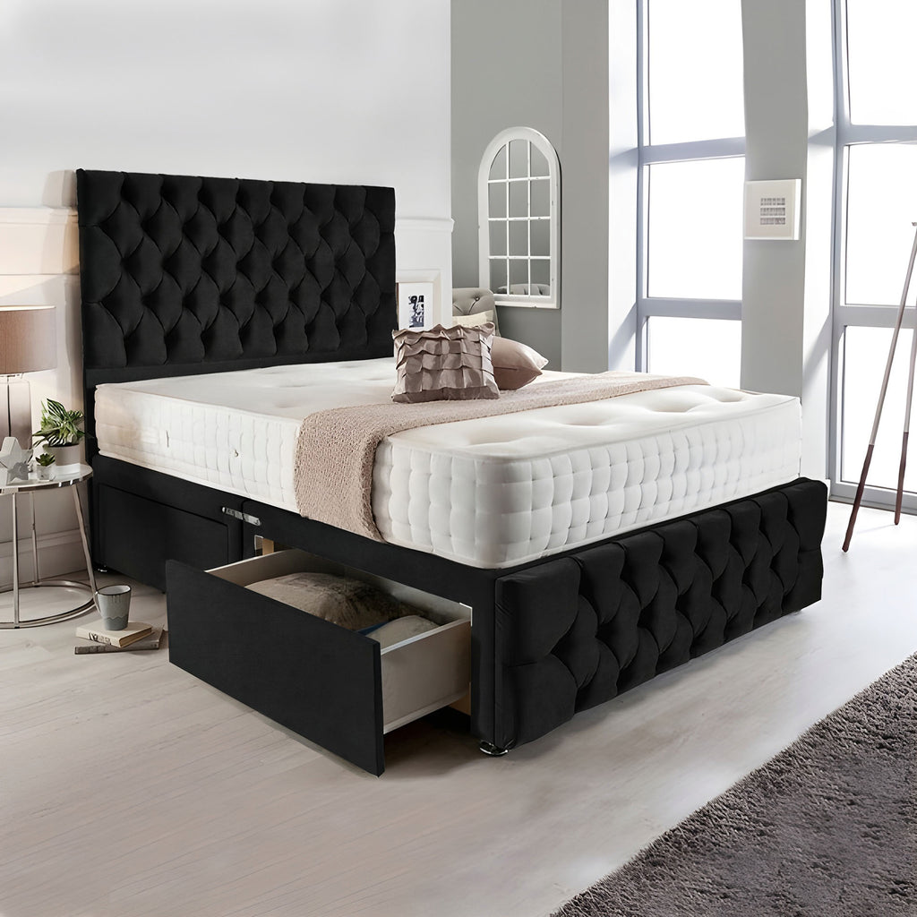 Chesterfield 4 Drawer Storage Bed in Grey, Black & Jade