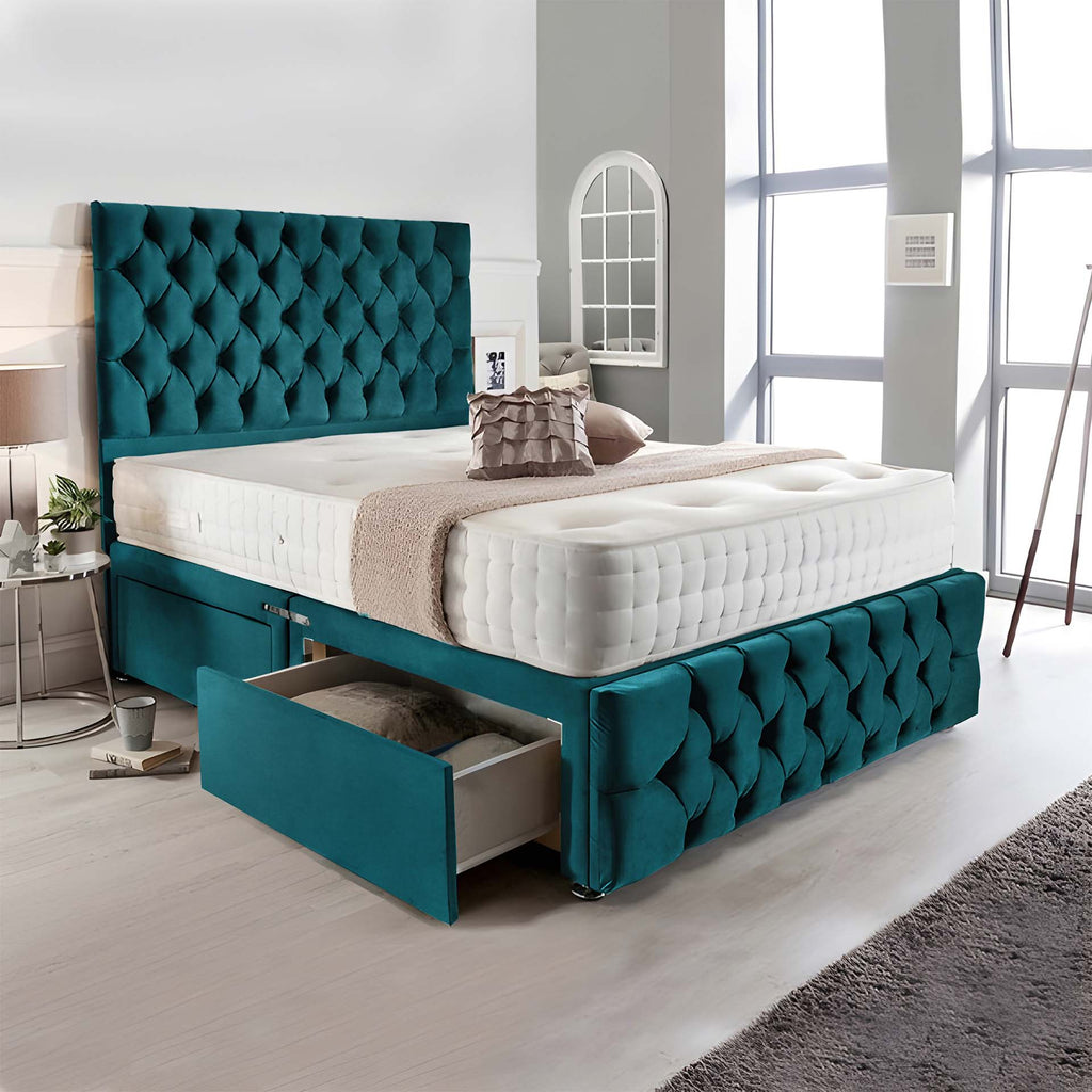 Chesterfield 4 Drawer Storage Bed in Grey, Black & Jade