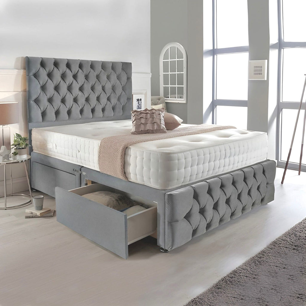 Chesterfield 4 Drawer Storage Bed in Grey, Black & Jade