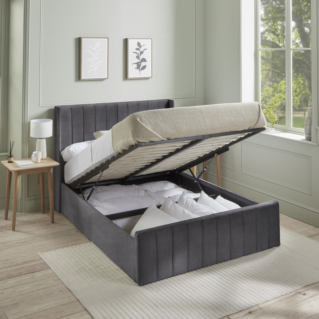 Elly Luxury Velvet Ottoman Bed - Grey or Black