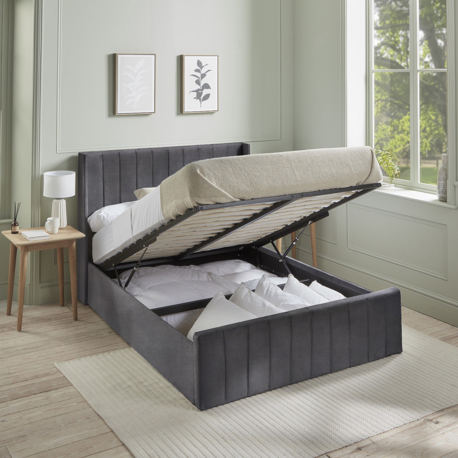 Elly Luxury Velvet Ottoman Bed - Grey or Black